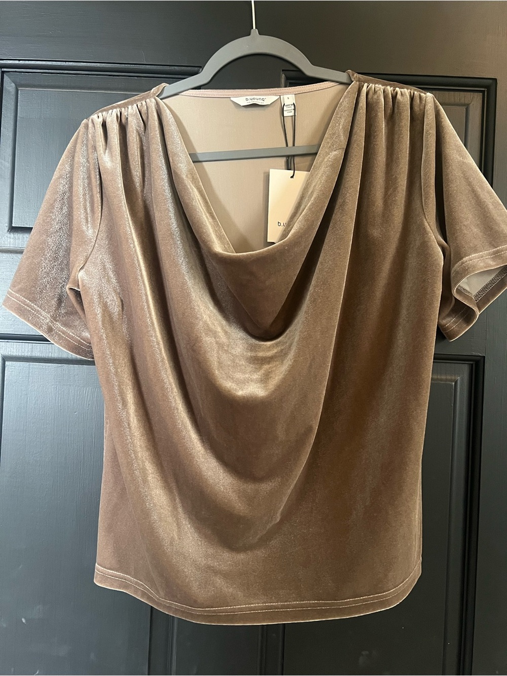 Draped Velvet Cowl Neck Blouse in Taupe by b.young